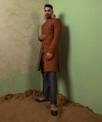 Rust Hand Textured And Embroidered Achkan Set 4