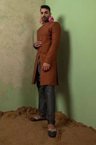 Rust Hand Textured And Embroidered Achkan Set