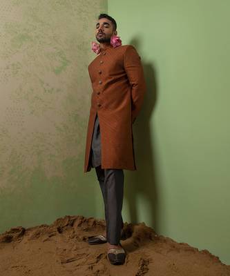 Rust Hand Textured And Embroidered Achkan Set 5