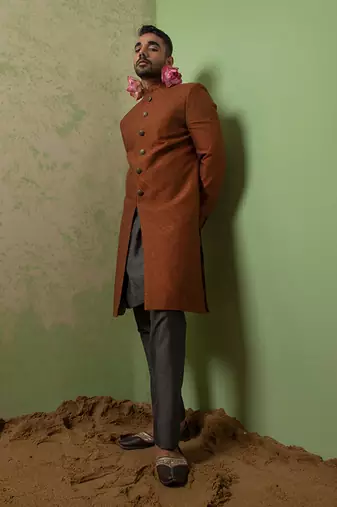 Rust Hand Textured And Embroidered Achkan Set