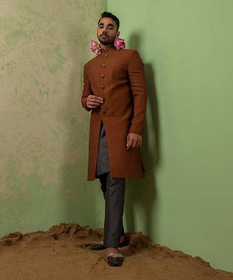 Rust Hand Textured And Embroidered Achkan Set 1