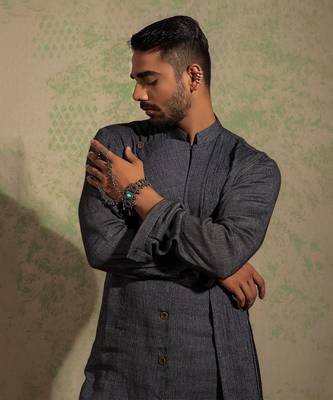 Black And Grey Lapel Kurta Set 2