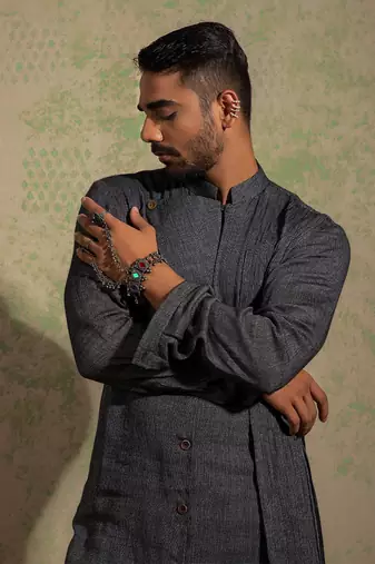 Black And Grey Lapel Kurta Set