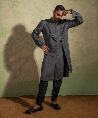 Black And Grey Lapel Kurta Set 3