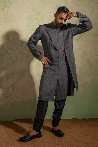 Black And Grey Lapel Kurta Set