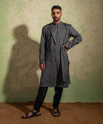 Black And Grey Lapel Kurta Set 1