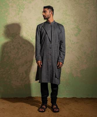 Black And Grey Lapel Kurta Set 4