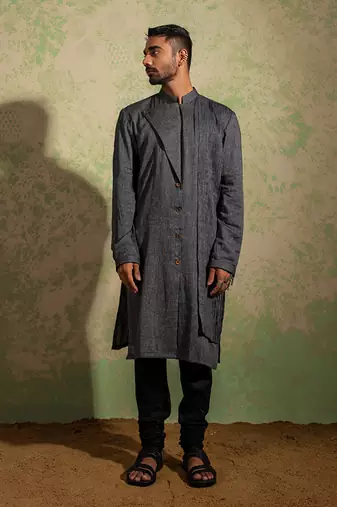 Black And Grey Lapel Kurta Set