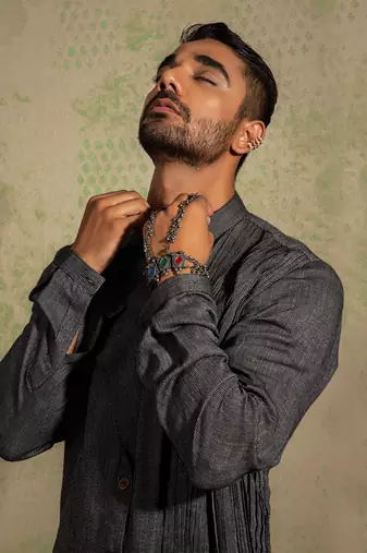 Black And Grey Lapel Kurta Set