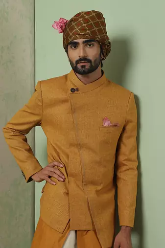 Ochre Overlap Linen Bandhgala Set