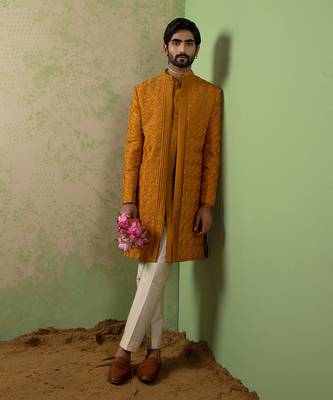Ochre Embroidered Achkan Set 1