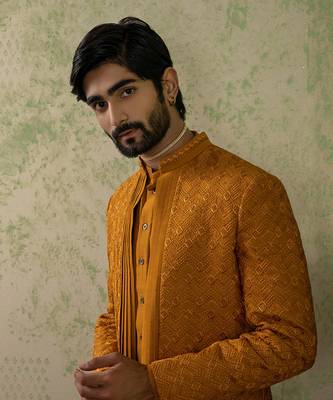 Ochre Embroidered Achkan Set 2