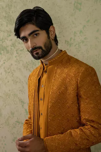 Ochre Embroidered Achkan Set