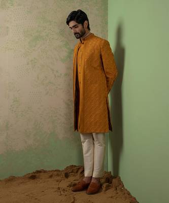 Ochre Embroidered Achkan Set 3
