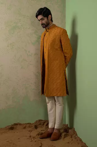 Ochre Embroidered Achkan Set