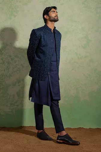Navy Embroidered Bandhgala Set
