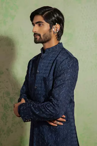 Navy Embroidered Bandhgala Set