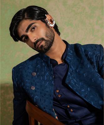 Navy Embroidered Achkan Set 2