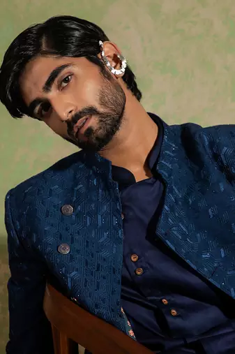 Navy Embroidered Achkan Set