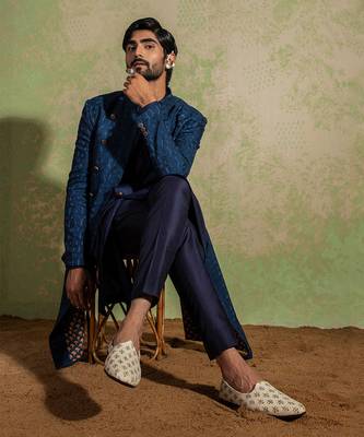 Navy Embroidered Achkan Set 3