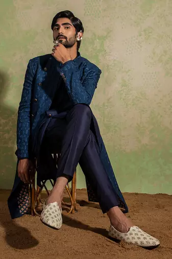Navy Embroidered Achkan Set