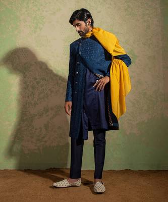 Navy Embroidered Achkan Set 1