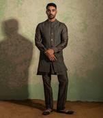 Olive Embroidered Long Nehru Jacket Set