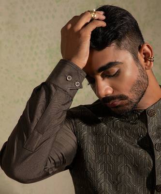 Olive Embroidered Long Nehru Jacket Set 2