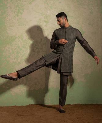 Olive Embroidered Long Nehru Jacket Set 3