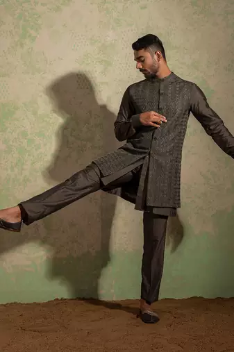 Olive Embroidered Long Nehru Jacket Set