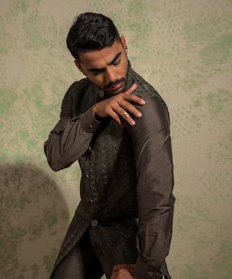 Olive Embroidered Long Nehru Jacket Set 4