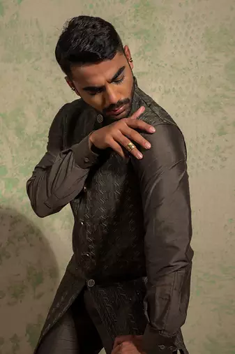 Olive Embroidered Long Nehru Jacket Set