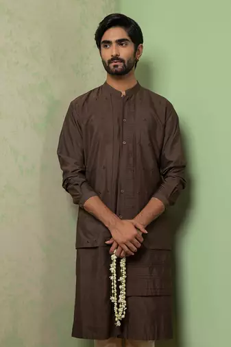 Layer On Layer Brown Kurta Set With Embroidered Pant