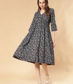 Black printed viscose rayon long-dresses