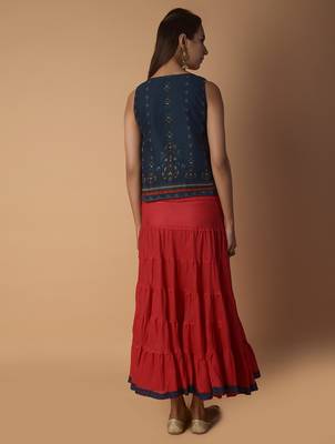 Navy-blue printed cotton long-kurtis 4