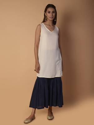 Cream plain cotton long-kurtis 1
