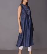 Navy-blue printed cotton poly long-kurtis