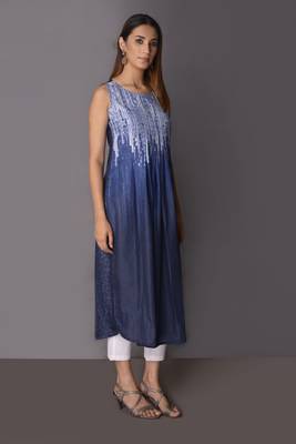 Navy-blue printed cotton poly long-kurtis 2