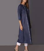 Navy-blue printed cotton poly long-kurtis
