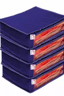 atorakushon Foldable Saree Covers Clothes Storage Bag Wardrobe Organizer For Lehenga Suit Dress & Accessories 4Pcs Blue