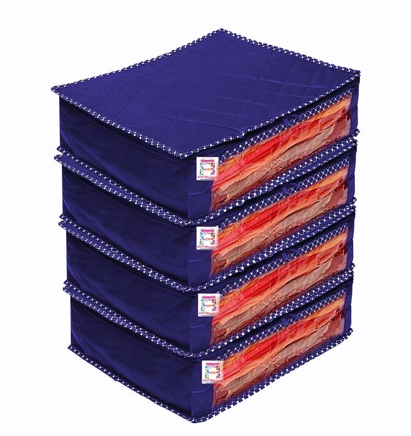 atorakushon Foldable Saree Covers Clothes Storage Bag Wardrobe Organizer For Lehenga Suit Dress & Accessories 4Pcs Blue