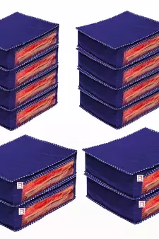 atorakushon Foldable Saree Cover Clothes Storage Bag Wardrobe Organizer For Lehenga Suit Dress & Accessories 12Pcs Blue