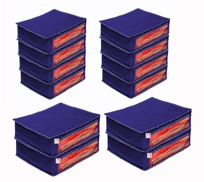 atorakushon Foldable Saree Cover Clothes Storage Bag Wardrobe Organizer For Lehenga Suit Dress & Accessories 12Pcs Blue