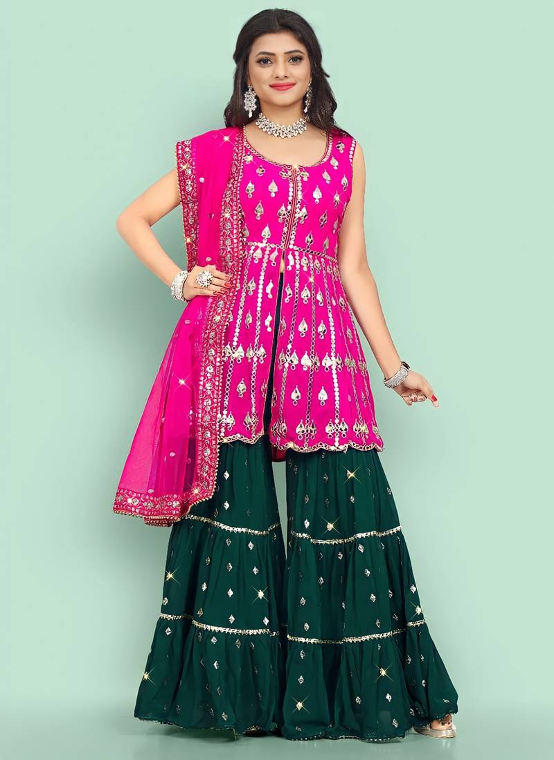 Rani Pink Zari Embroidered With Paper Mirror Work Faux Georgette Party Wear Salwar Kameez