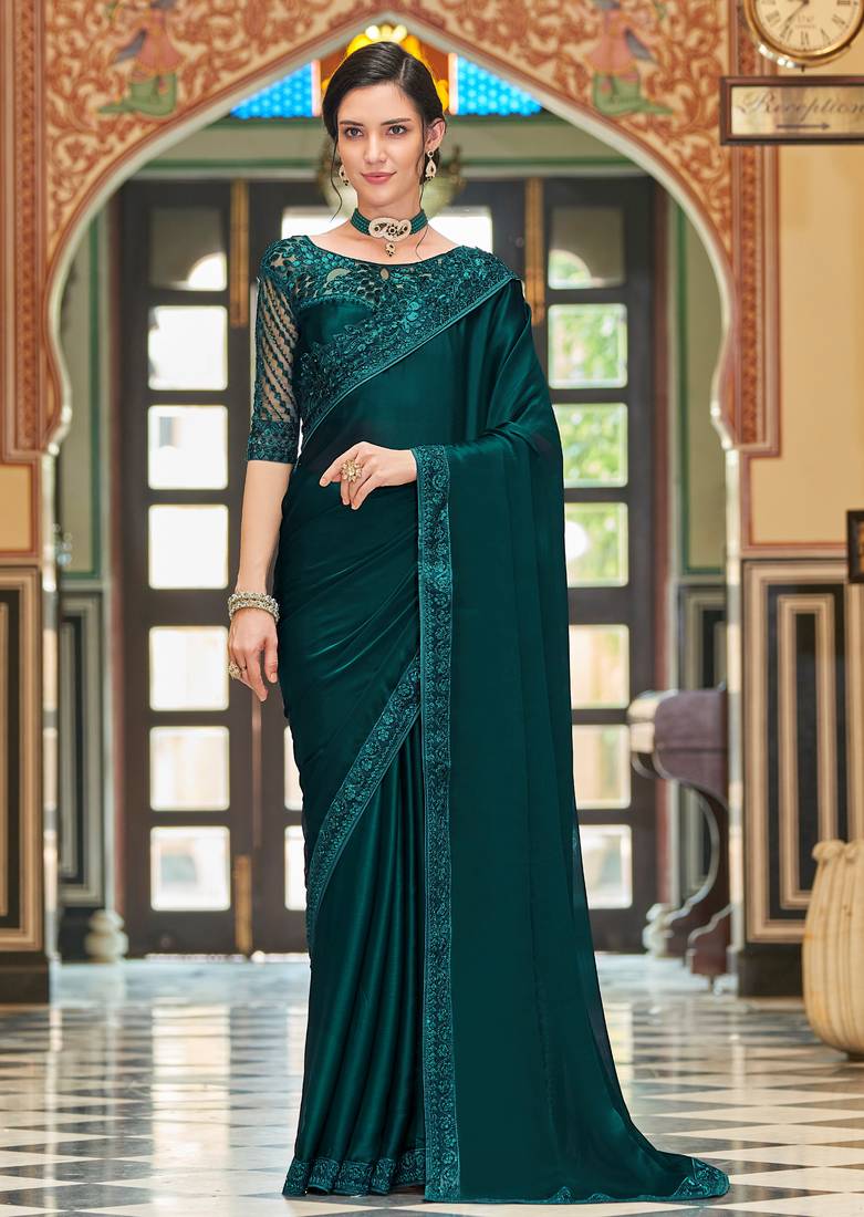 Green embroidered art silk wedding saree with blouse