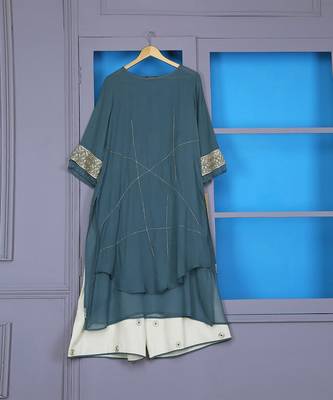 Teal And Ivory Georgette Tunic  Pallazo Set 1