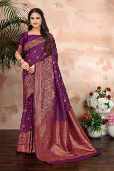 Purple Woven Silk Blend Saree With Blouse