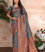 Grey Woven Silk Blend Saree With Blouse