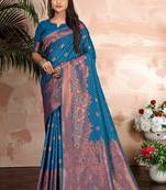 Cobalt Blue Woven Silk Blend Saree With Blouse