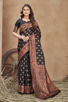 Black Woven Silk Blend Saree With Blouse